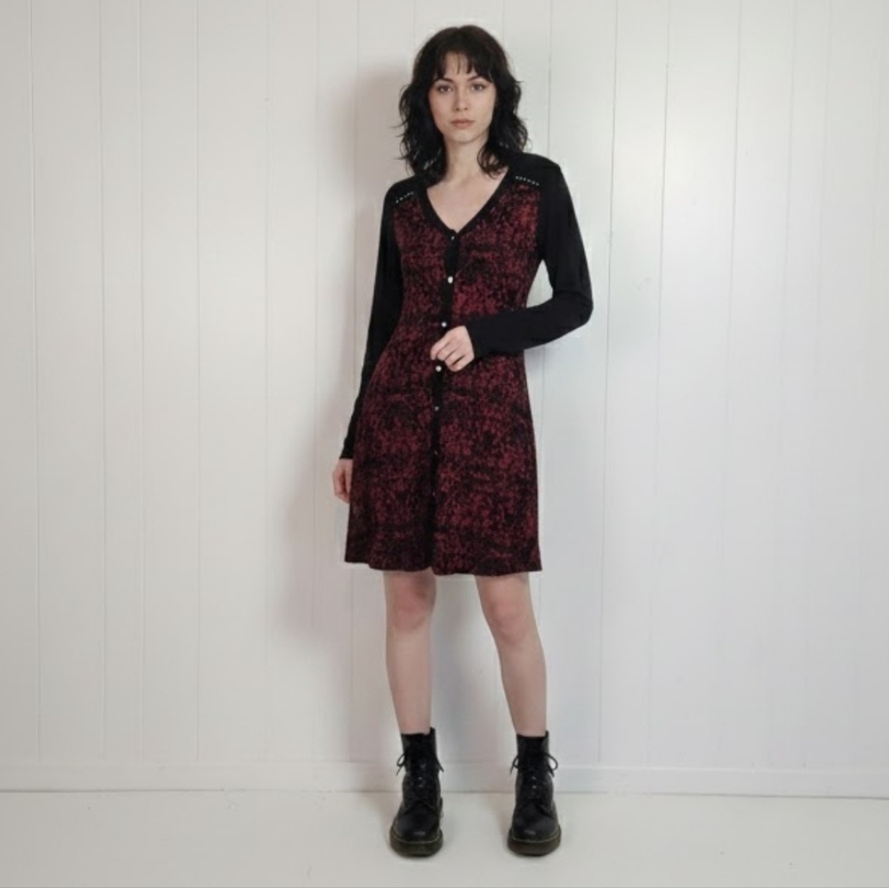 Y2K Whimsigoth Red Black Tunic Mini Dress Dolcezza Long Sleeve Size Small Goth